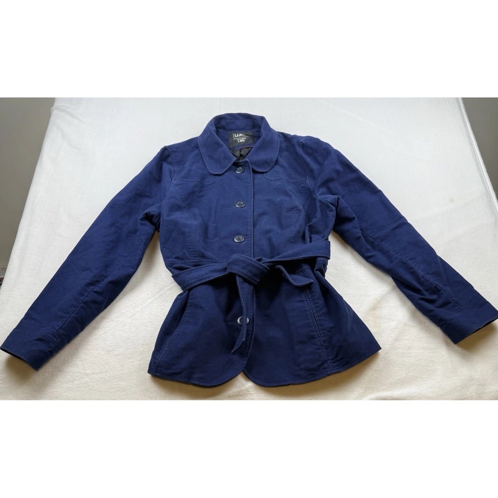 LL Bean Women's Blue Button Front Belted Collared Lined Jacket Size L 0JPR9